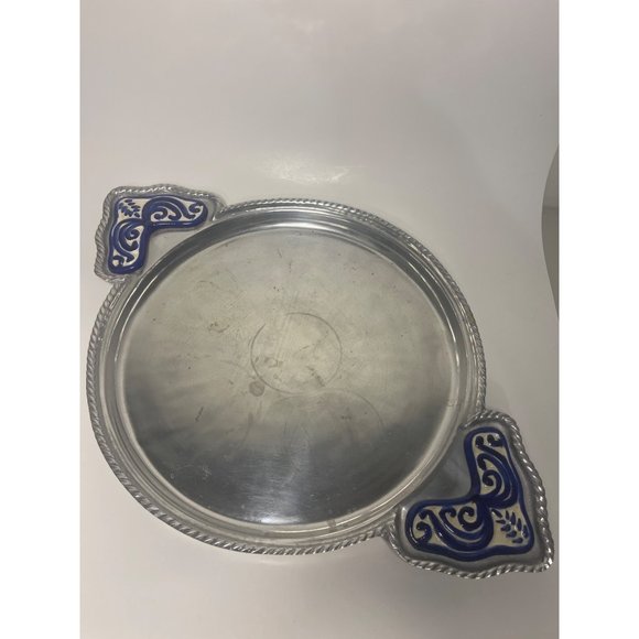 Large Mexican Pewter Serving with Ceramic Tile Inlay Handles Rope Design - Picture 8 of 8